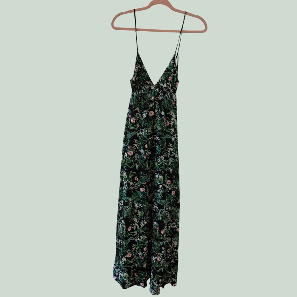 *Tropical Floral Midi Maxi Dress Black Green Spaghetti Strap Lined Rayon Medium